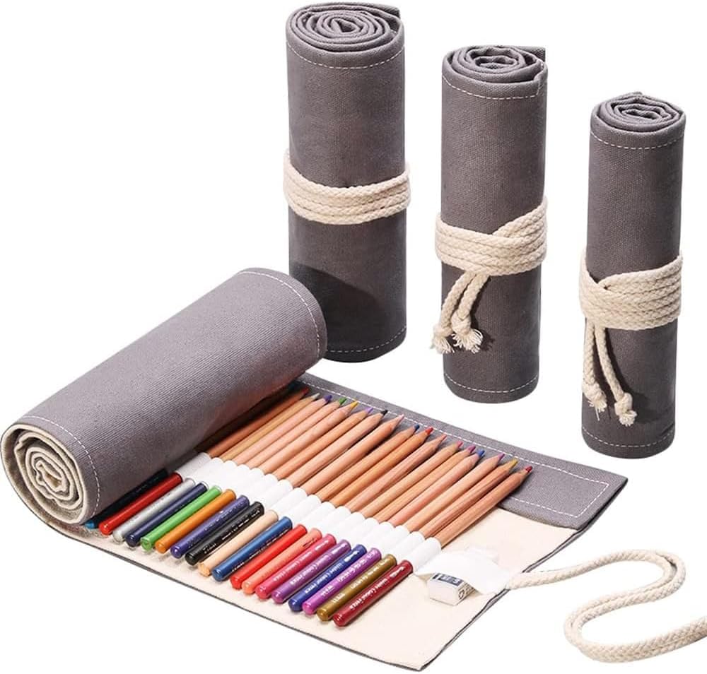 DIYOMR 12/24/36/72 Slots Pencil Wrap Pencil Rolls, Artist Colored Pencil Roll Up Bag Short Brush Pouch Case Pencils Organizer for Drawing Coloring and Sketching, No Pencils (Grey, 12slots)