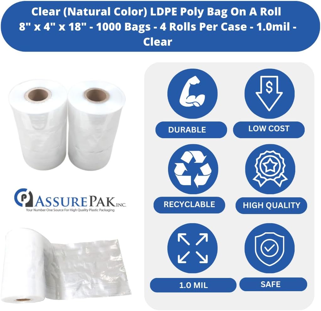 LDPE Clear Poly Bags on a Roll - 1000 Bags - 8"x4"x18" - 1.0 Mil Thickness - Ideal for Food Storage: Meat, Beans, Cookies, Bakery, Grocery Needs, and Small Business Packaging - Natural Color