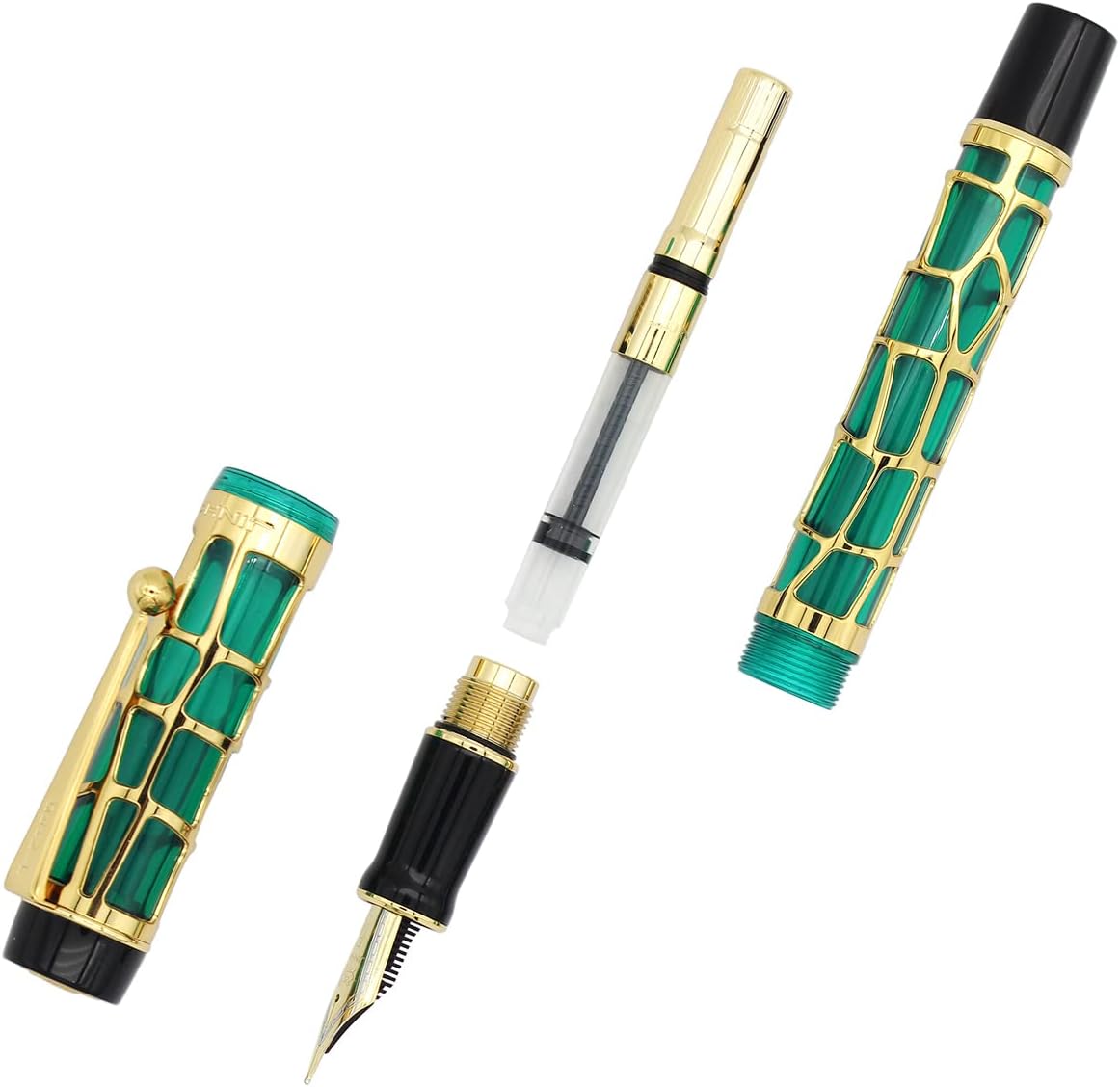 Gullor Century 100 Fountain Pen, Skeleton Hollow-out Series Golden, Screw-Cap, Fine Nib, Transparent Blue