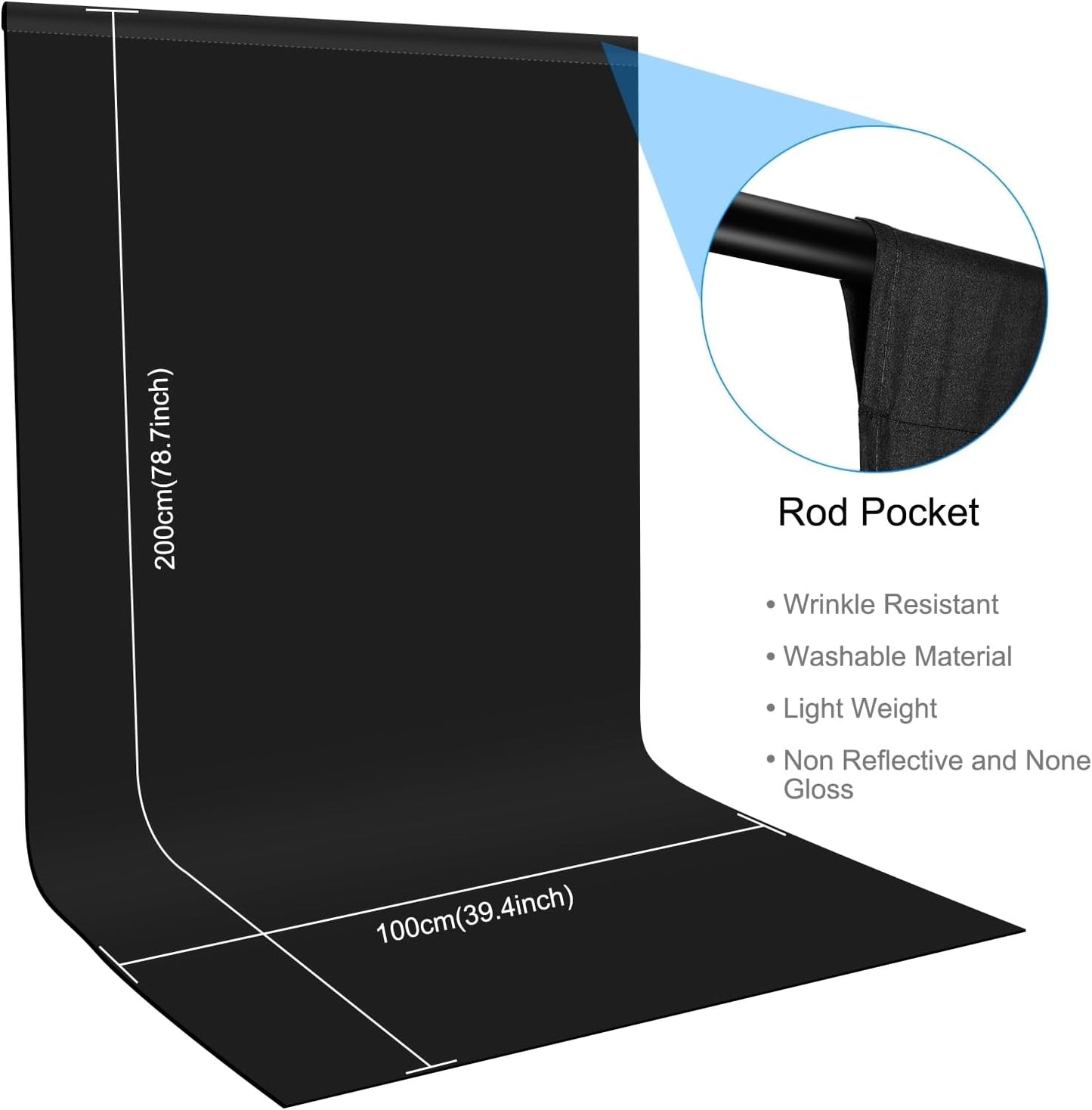 Small Black Screen Backdrops Photo Background for Photography, PULUZ 3.3ft×6.6ft Cloth Background Kit Washable Curtain with 4 Clamps for Photoshoot YouTube Video Recording