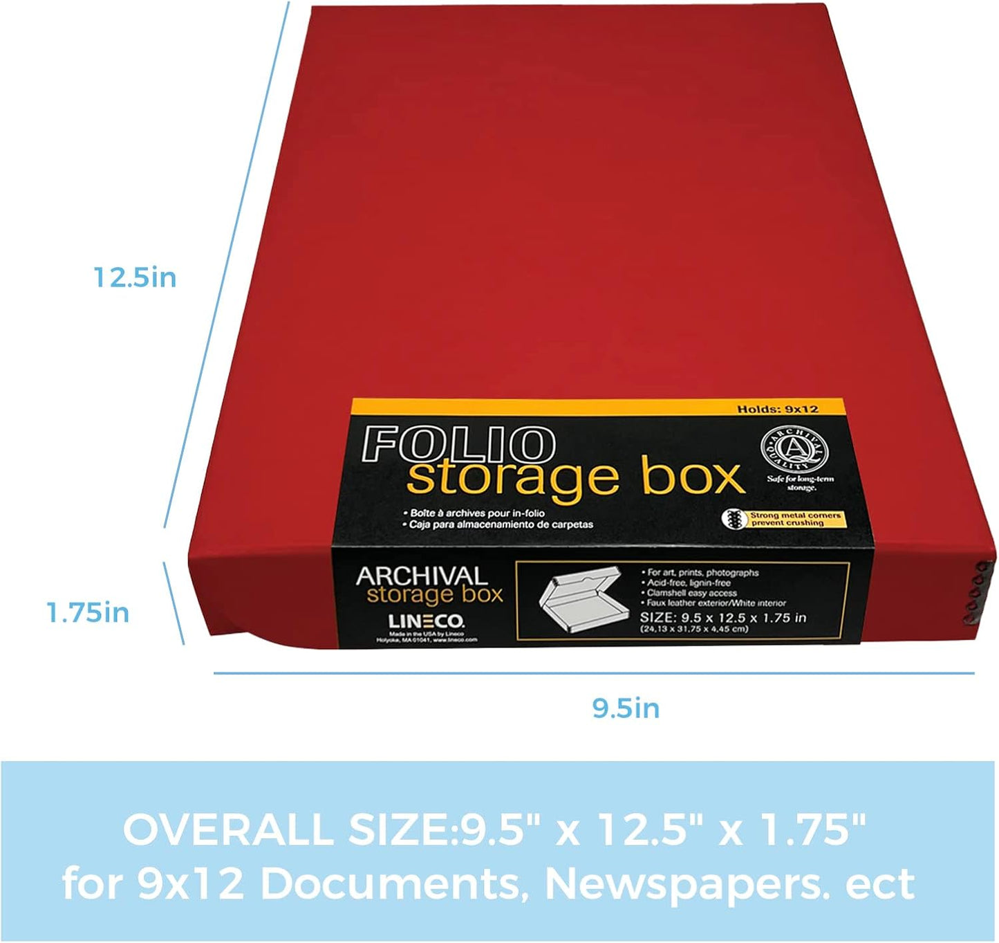 Lineco Folio Storage Box, Faux Leather Cover, Clamshell Design, 9.5x12.5x1.75 Inches, Archival Boxboard, Preserve Photos, Cards, Magazines, Documents, Art, Ephemera, Family Records, Red, Pack of 1