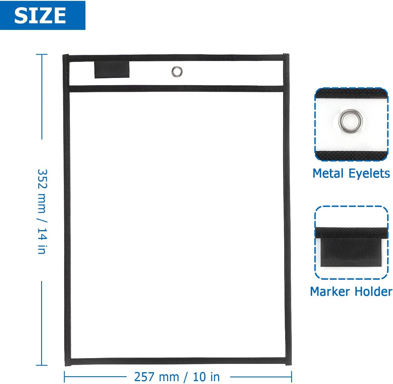 Tamaki 8 Pack Dry Erase Pockets Sleeves with Rings, 10 x 14 Inch Ticket Holders Clear Plastic Sheet Protectors for Teacher Classroom Supplies, Black