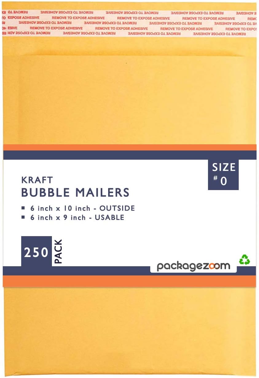 PackageZoom #0 6x10 Padded Envelopes Kraft Bubble Mailer Shipping Envelopes 250 Pack