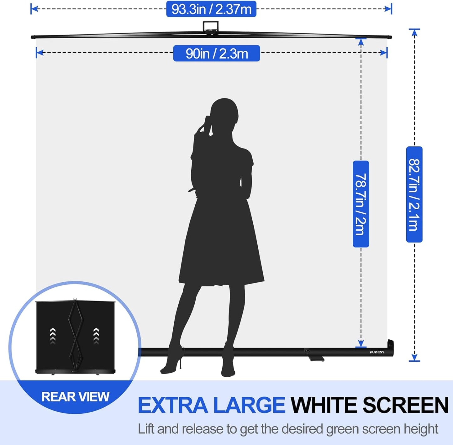 FUDESY 78.7 x 93in Large Collapsible White Backdrop Screen, Portable Retractable Pull Up Panel Wrinkle-Resistant Photo Background for Streaming, Video Conference, Photographic Studio