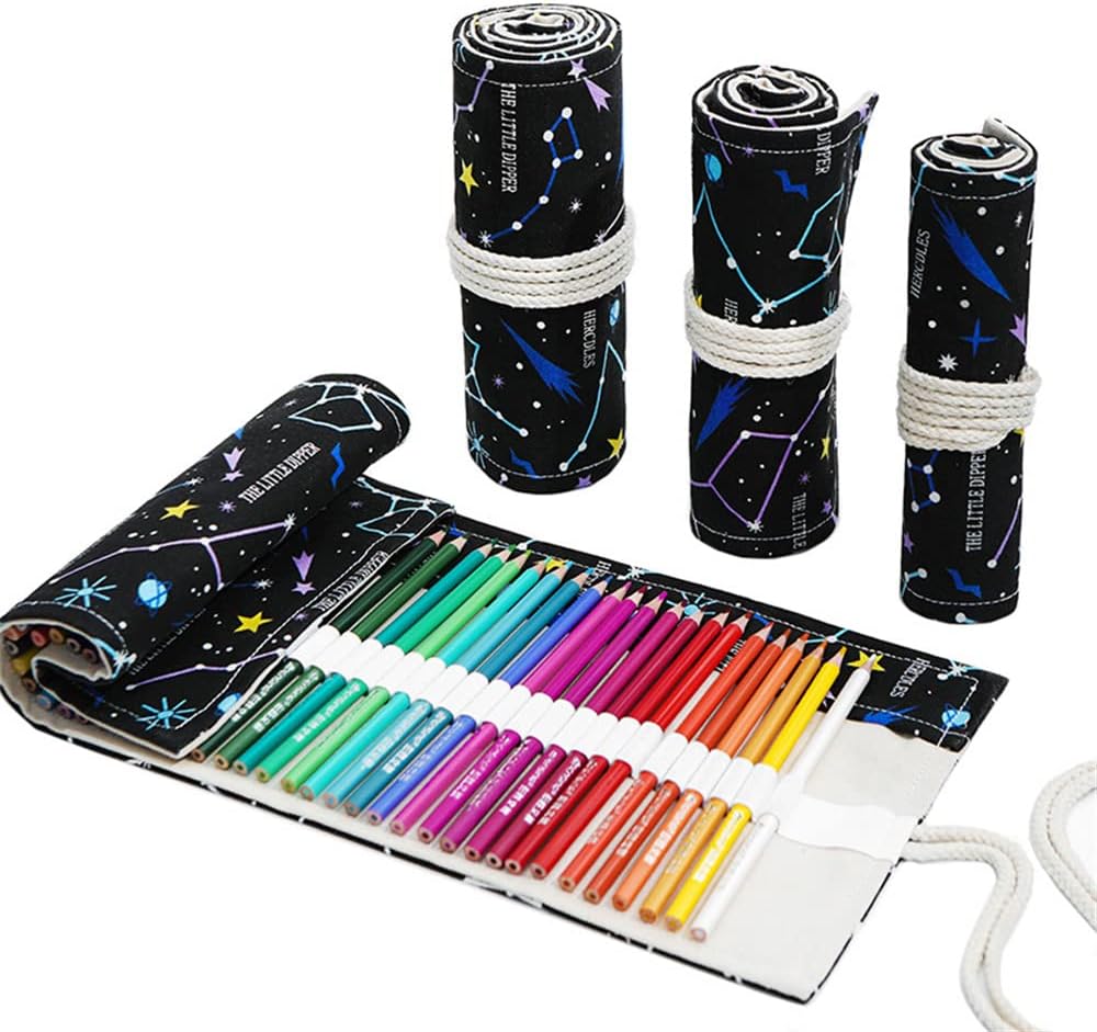 DIYOMR 24/36/72 Slots Pencil Wrap Pencil Rolls, Artist Colored Pencils Roll Up Bag Short Brushes Pouch Case Pencils Organizer for Drawing Coloring and Sketching (Constellation, 24slots)
