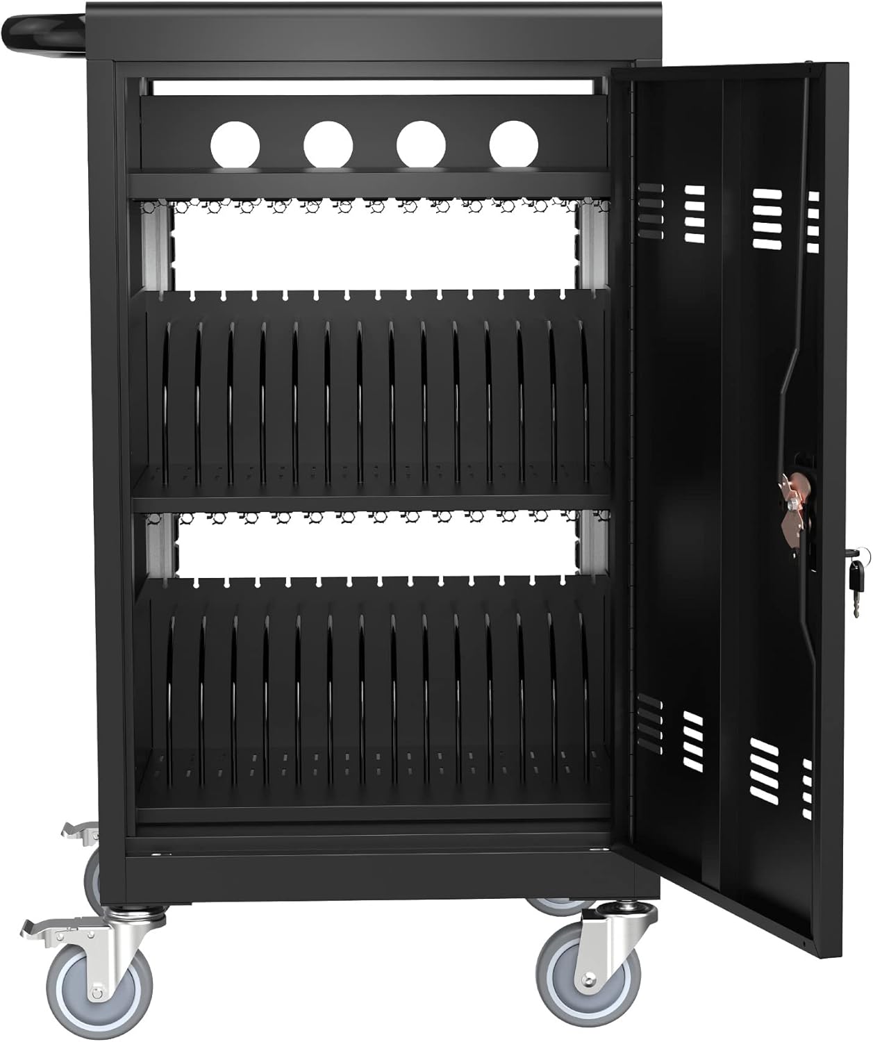 30-Device Mobile Charging Cart with Charging Power Strip and Front and Rear Access Locks, Cable Management, Up to 17"", Safe Charging Cabinet for Ipads, Chromebooks, Tablets, Laptops Black