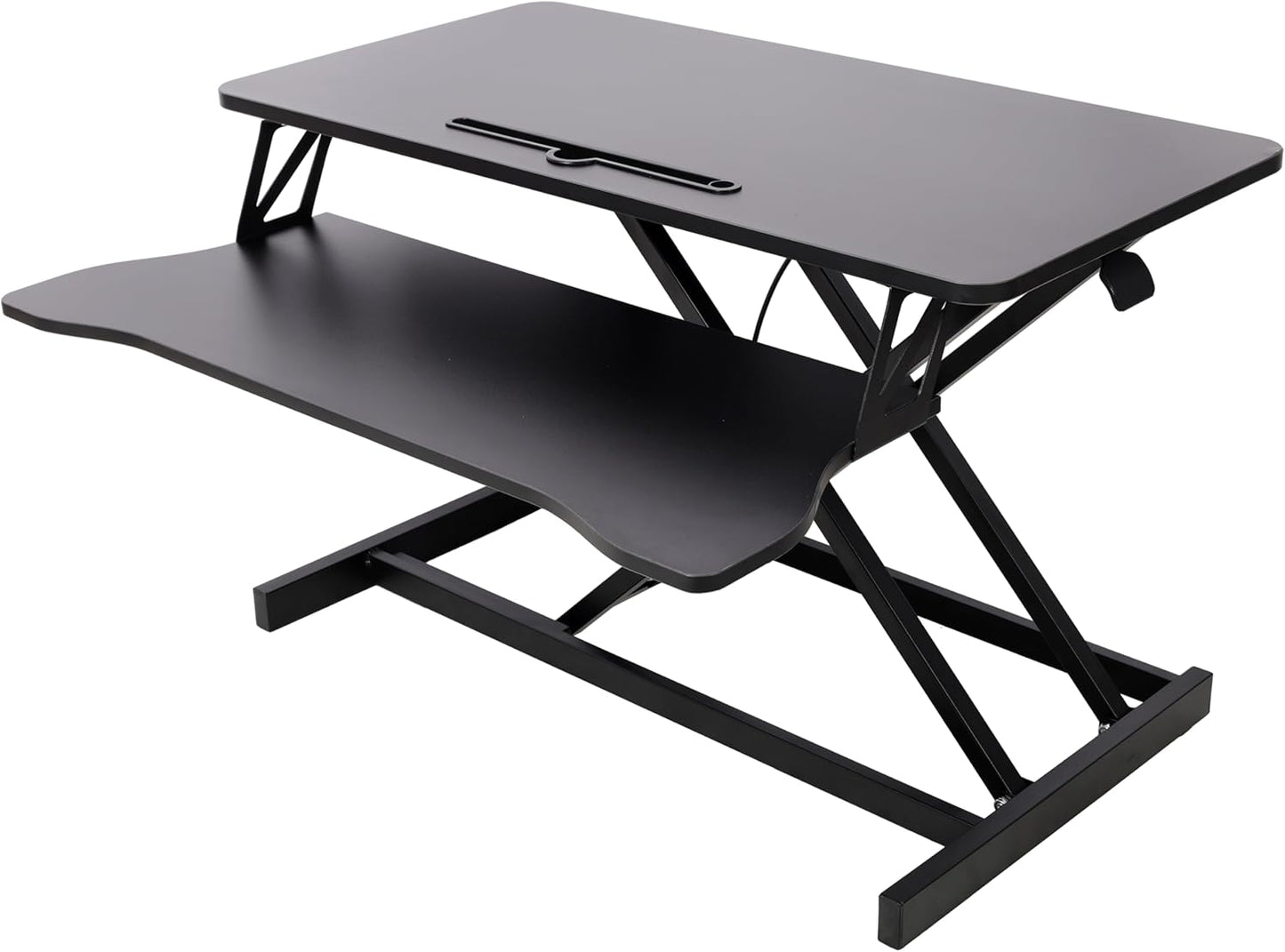 32 Inch Height Adjustable Stand Up Laptop Desk Converter, Heavy Duty Standing Computer Workstation Riser with Removable Keyboard Tray for Home Office Workshop, Spacious Platform for Monitor, Black