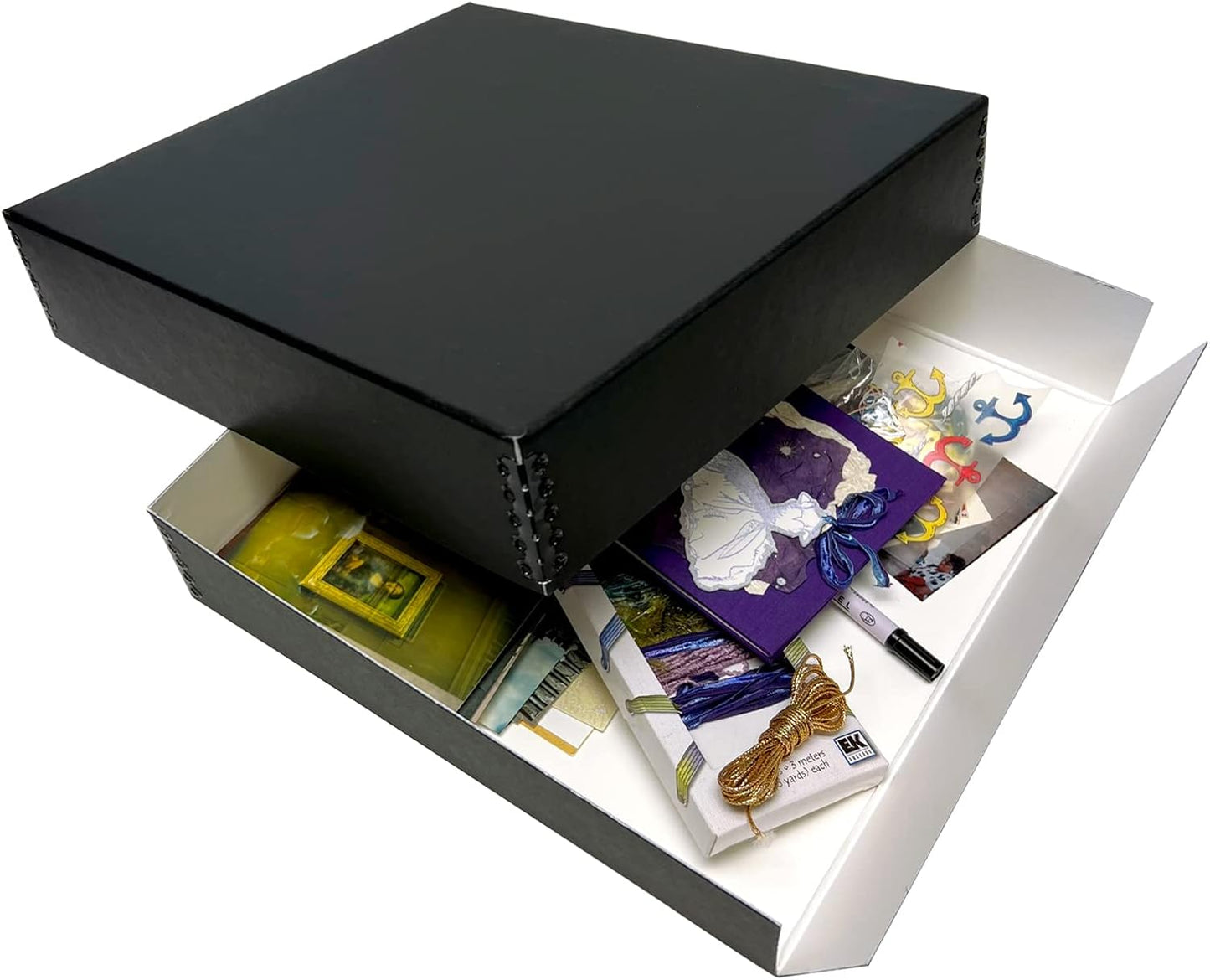 Lineco 12x12 Archival Scrapbook Storage Box, Acid Free Drop-Front Box with Removable Lid. Preserves Photos, Documents, Crafts, Cards, Magazines, Prints, Albums and Paper Projects, Black