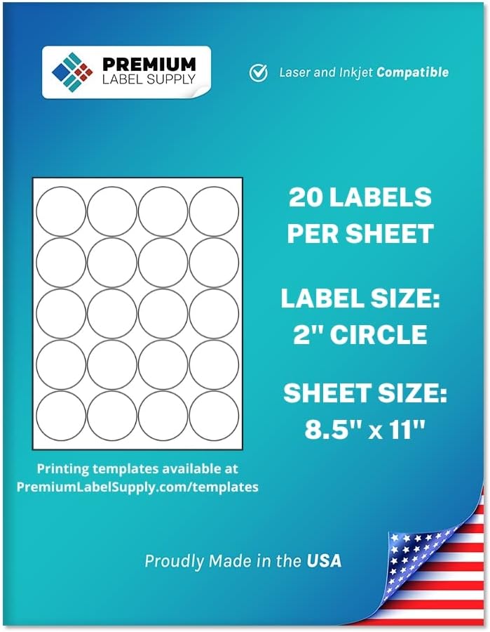 Premium Label Supply White Sticker Round Labels – 2" Circle – Laser/Inkjet Compatible – (20 per Sheet), 100 Sheets – 2,000 Total Adhesive Labels