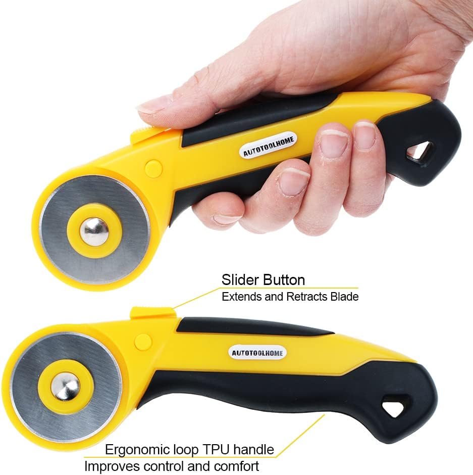 AUTOTOOLHOME 45mm Rotary Cutter with 9pcs Extra Blades Automatic Fabric Roller Cutter Perforator Crochet Edge Pinking Rotary Blades for Quilting, Sewing, Crafting