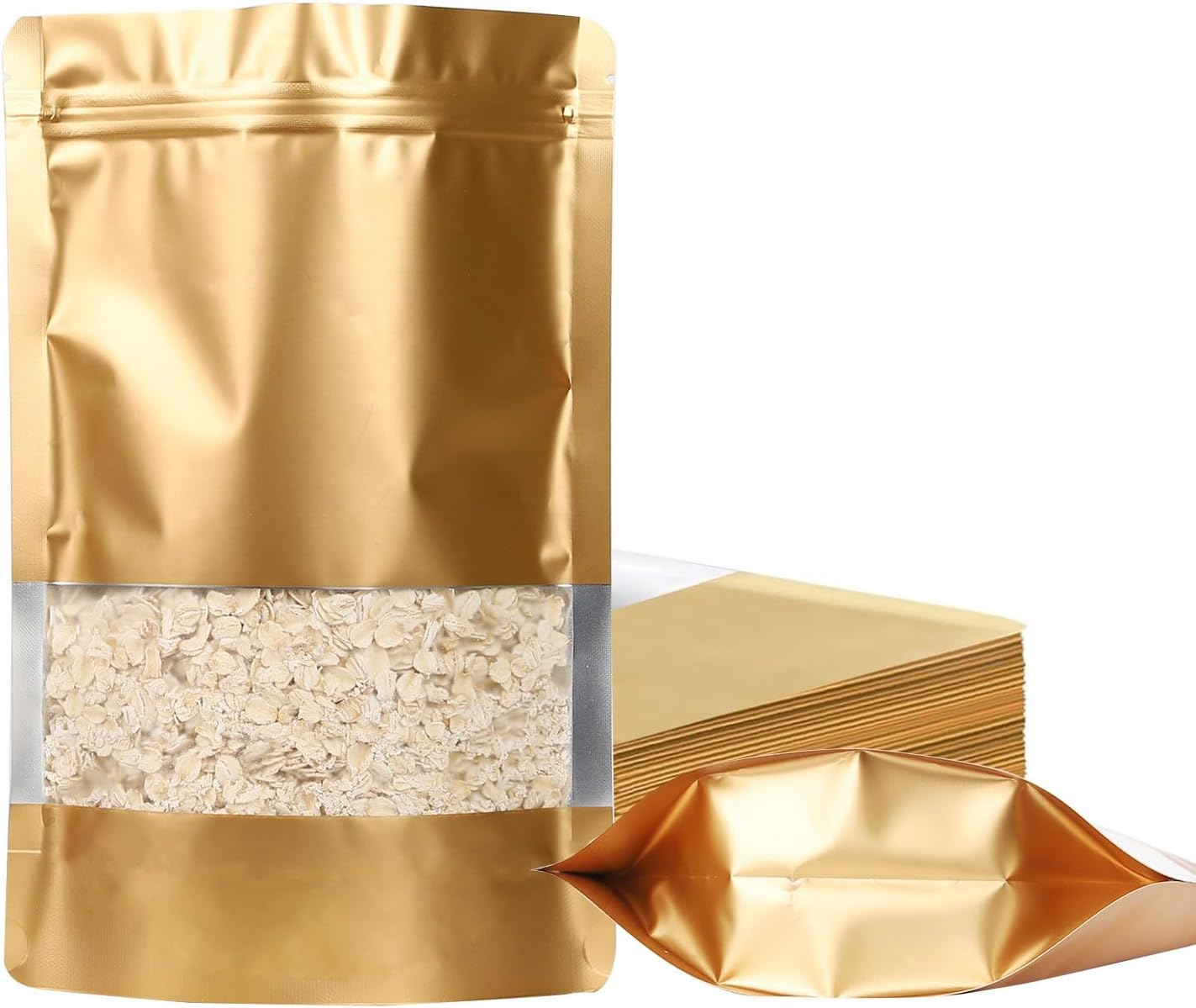 100 Pack Smell Proof Bags, Resealable Mylar Bags with Matte Window, Foil Pouch Stand-up Bags for Food Self Sealing Storage, Scratch Resistant Hand Storage Bags.(Gold, 4.7×7.9 Inch)
