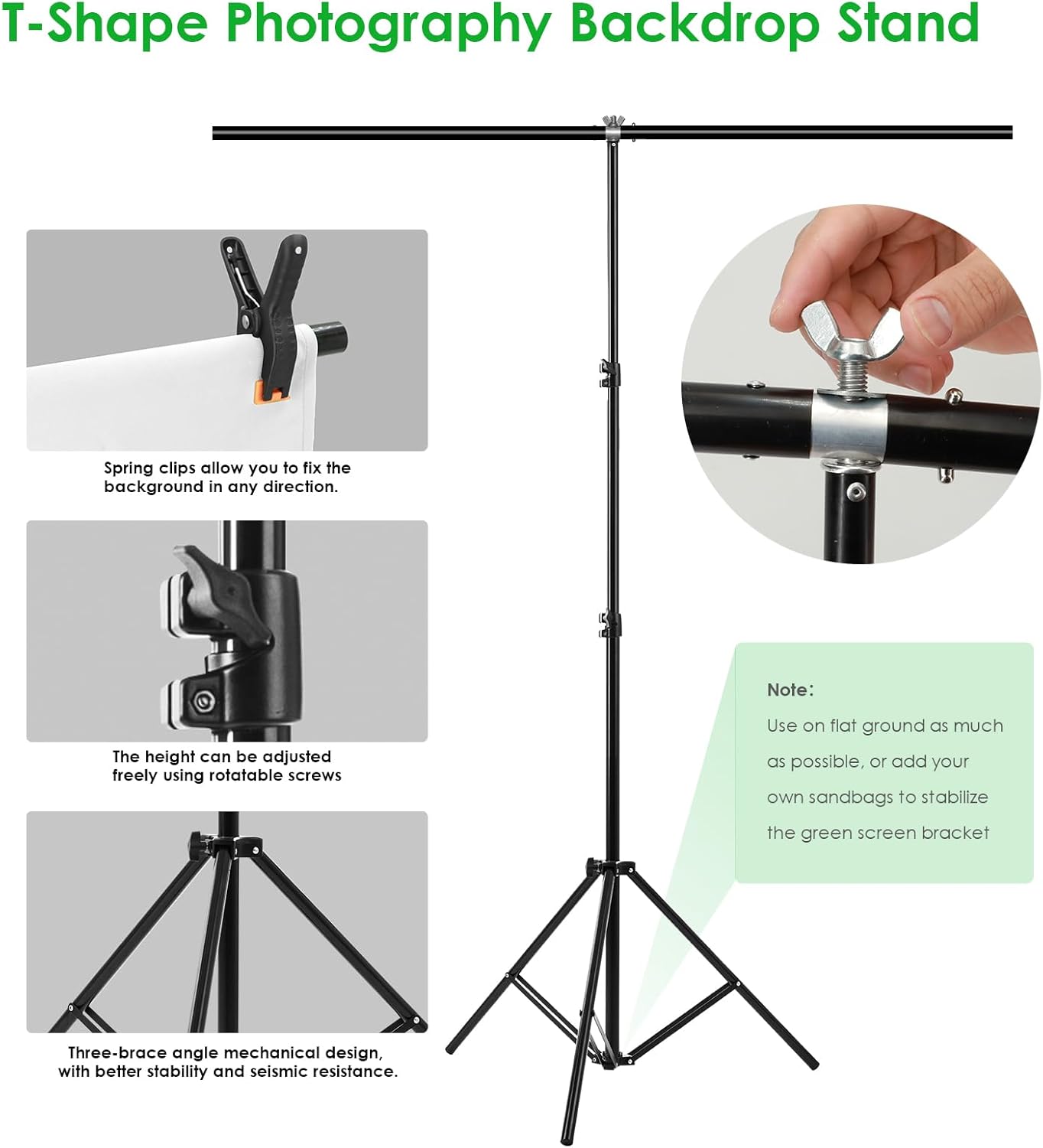 Green Screen Backdrop Kit, Portable Greenscreen Background with T-Shaped Stand, 5 Clamps & Carrying Bag for Photography, Streaming, Zoom, Gaming, (White, 6.5 Feet X 5.0 Feet)