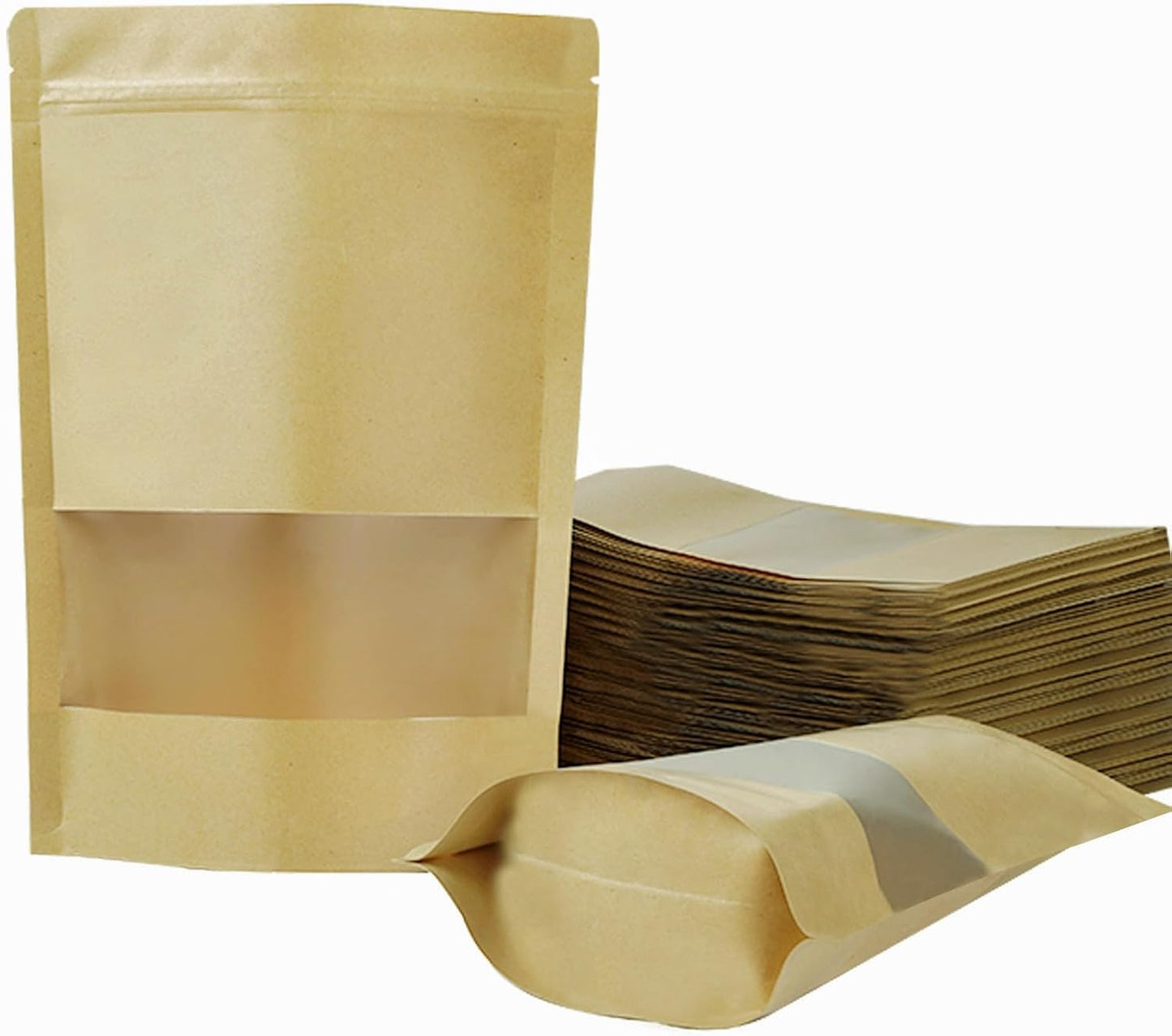 100 PCS Resealable Bags, Stand Up Kraft Paper Bags with Matte Window, Zipper Lock Food Storage Bags for Small Business and Home, 6.29 * 8.66 Inches Reusable Sealable Bags for Packaging