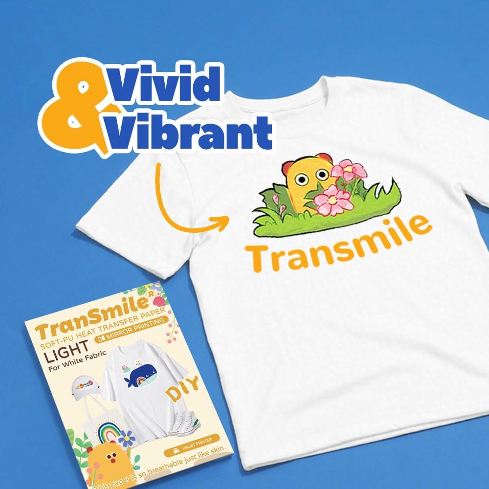 TranSmile PU-Heat Transfer Paper for Inkjet Printer (White, 10 Sheets, 8.5 x 11'') Printable Heat Transfer Vinyl for White Fabric, Iron on Transfers for T Shirts