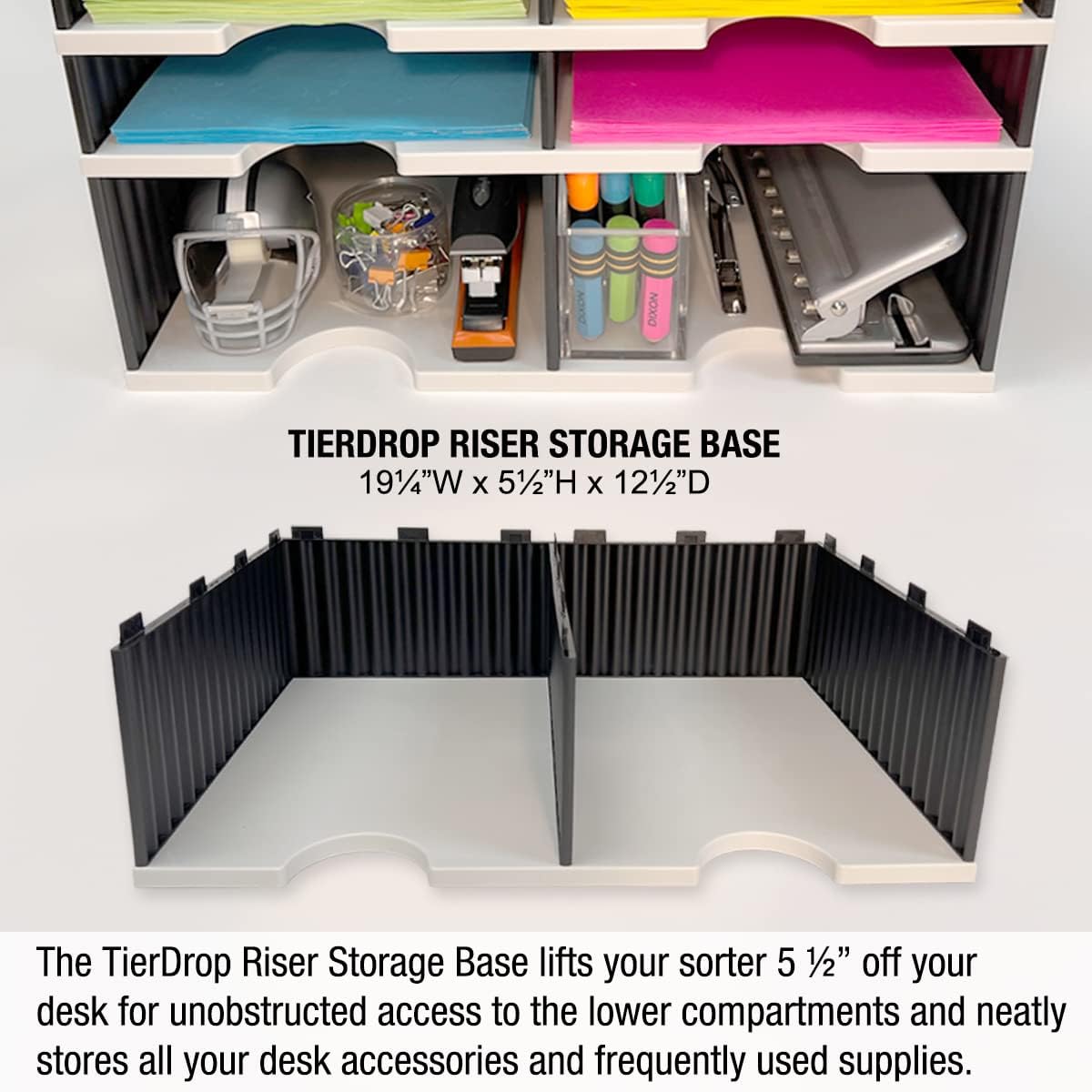 Desktop Organizer 8 Letter Tray Sorter Plus Riser Base, 2 Supply & 2 Storage Drawers - TierDrop Plus Keeps All of Your Documents & Supplies in Clear View & Within Arm's Reach Using Minimal Desk Space