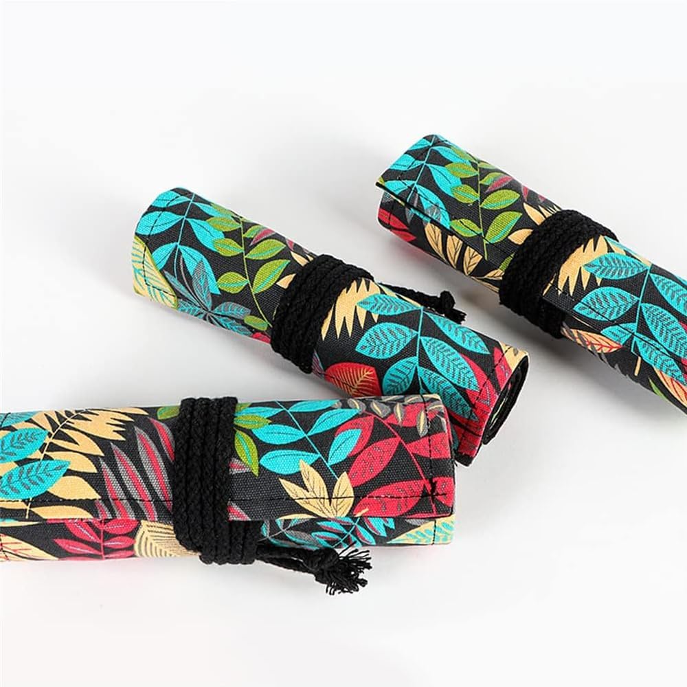 DIYOMR 12/24/36/72 Slots Pencil Wrap Pencil Rolls, Artist Colored Pencil Roll Up Bag Short Brush Pouch Case Pencils Organizer for Drawing Coloring and Sketching, No Pencils (Colorful Leaves, 12slots)