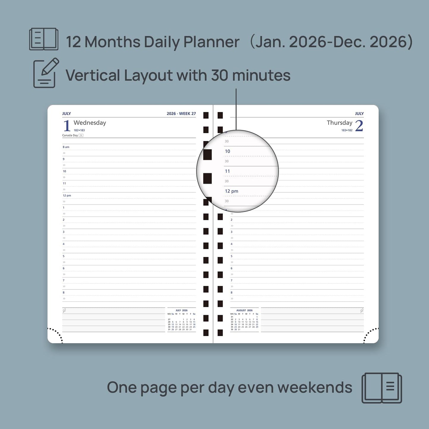 POPRUN 2026 Daily Planner One Page per Day (Medium 6'' x 8.5'') - 12 Months Calendar Appointment Book with Hourly Slots, Inner Pocket, Monthly Tabs, Pen Holder - Soft Pink