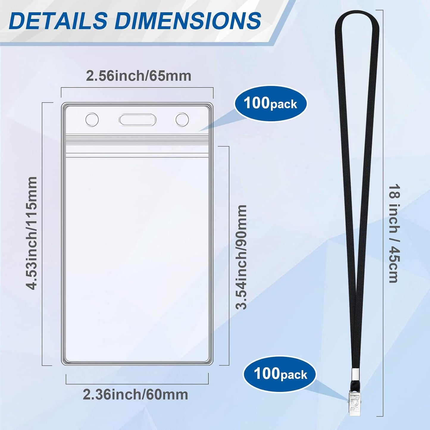 100 Sets Lanyards for Id Badges and Clear Plastic Vertical Name Badge ID Card Holders, Flat Neck Lanyards with Clip Waterproof Resealable Name Tag Badge ID Card Holders, Black