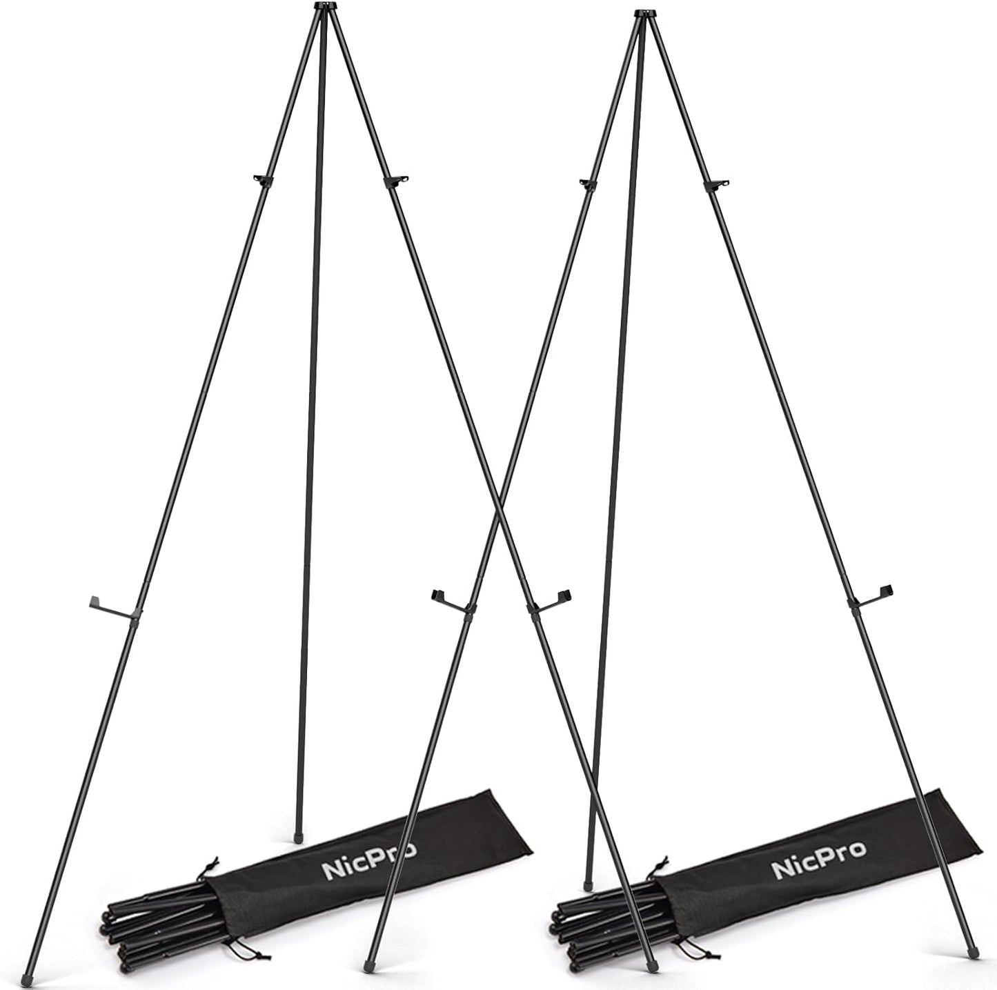 Nicpro Art Folding Easels for Display, 2 Pack 63 Inches Metal Floor Easel Stand Bulk Tripod Black Collapsible for Sign Artist Poster Wedding | with Carry Bag
