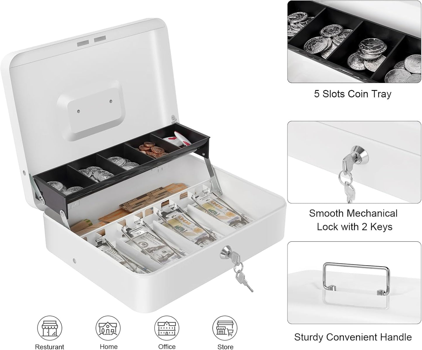 Cash Box with Money Tray and Key Lock, Large Metal Safe Money Box for Cash, Locking Money Saving Organizer, Lock Box for Money Storage 11.8"x9.45"x3.54" White XL Large