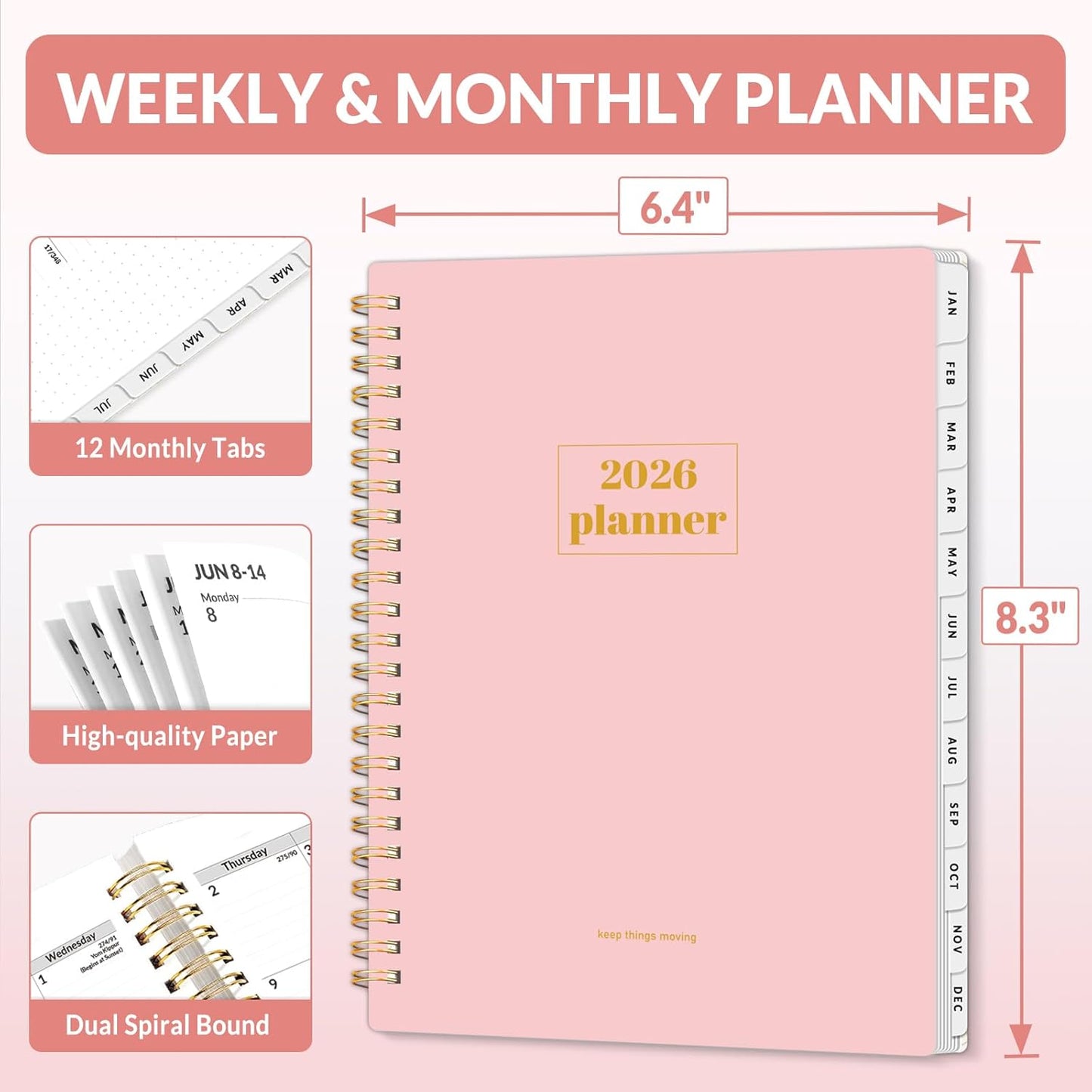SUNEE Planner 2026 Weekly and Monthly, January 2026-December 2026, 6.4"x8.3", Tabs, Note Pages,Spiral Binding, Pink