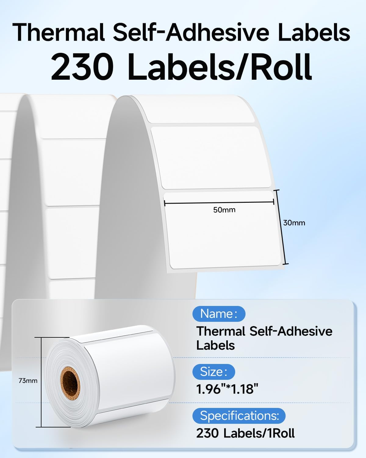 Thermal Labels - 1.96"X1.18" (50X30MM), Compatible with Label Maker Machine M100/ M110/ M150/ M220/ M250/ M108/ M221, Multi-Purpose Adhesive Thermal Labels, Black on White, 230 Labels/Roll