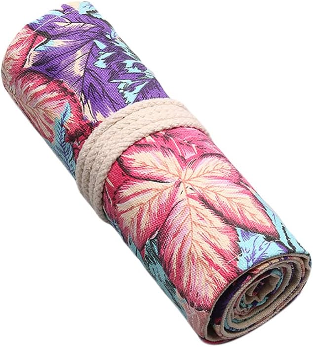 DIYOMR 24/36/72 Slots Pencil Wrap Pencil Rolls, Artist Colored Pencils Roll Up Bag Short Brushes Pouch Case Pencils Organizer for Drawing Coloring and Sketching (Maple Leaves, 24slots)