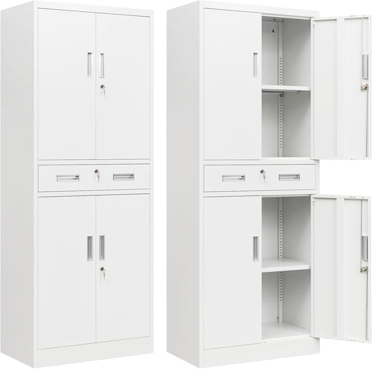 BESFUR Metal Cabinet, Garage Storage Cabinet with Drawer and Adjustable Shelves for Garage, Office, School - White