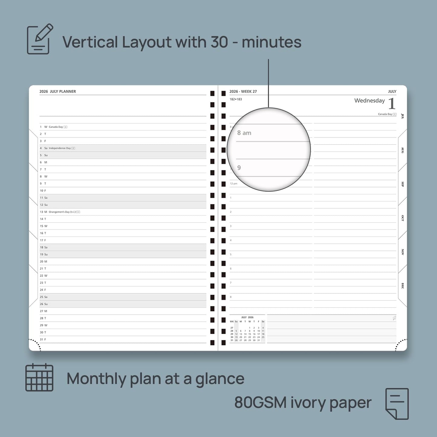 POPRUN 2026 Daily Planner One Page A Day - [A4 Large Size 8.25" x 12" -Spiral Hard Cover], Agenda 2026 Hourly Appointment Book with Monthly Calendar, Pen Holder, Ivory Paper -Midnight Green