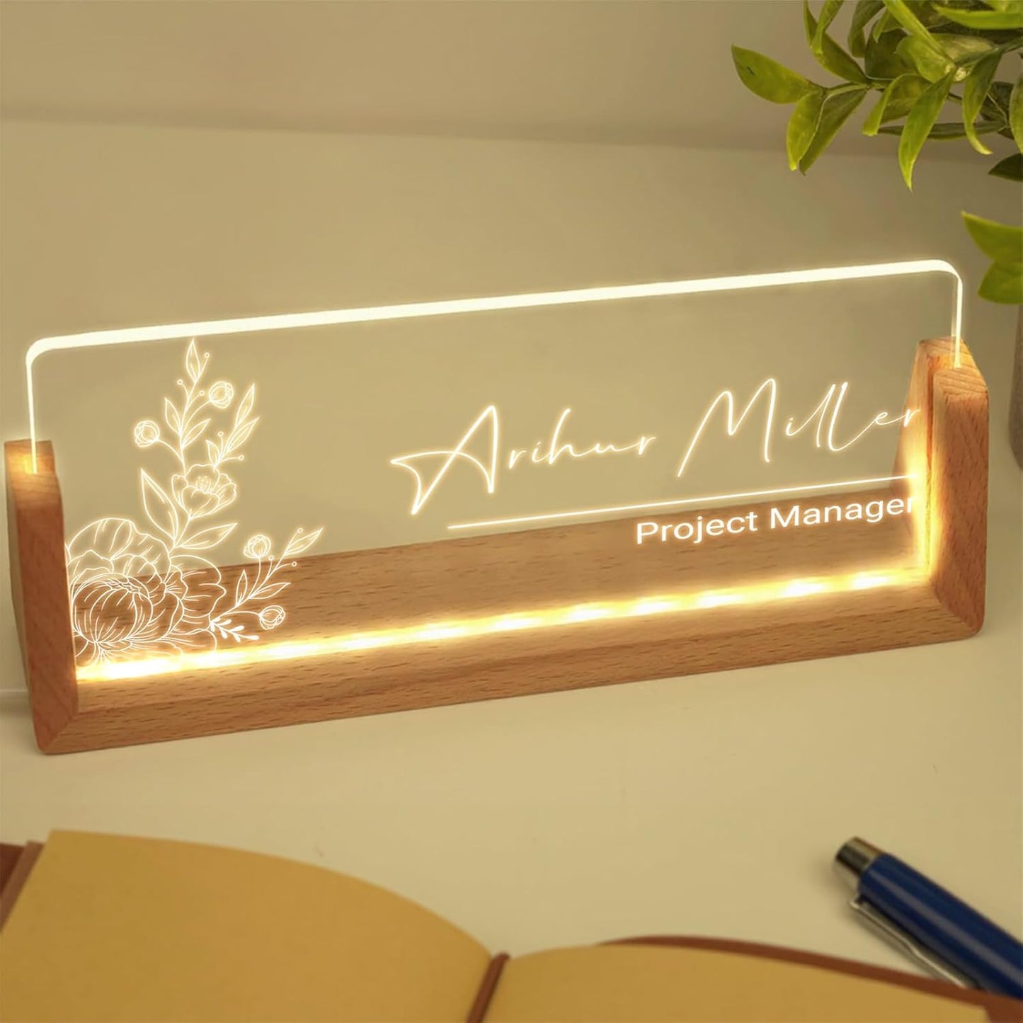 Custom Name Plate for Desk with Light Up Acrylic & Wooden Base - Personalized Office Sign for Teacher, Boss, Coworker - Employee Appreciation Gift for Educators Professionals
