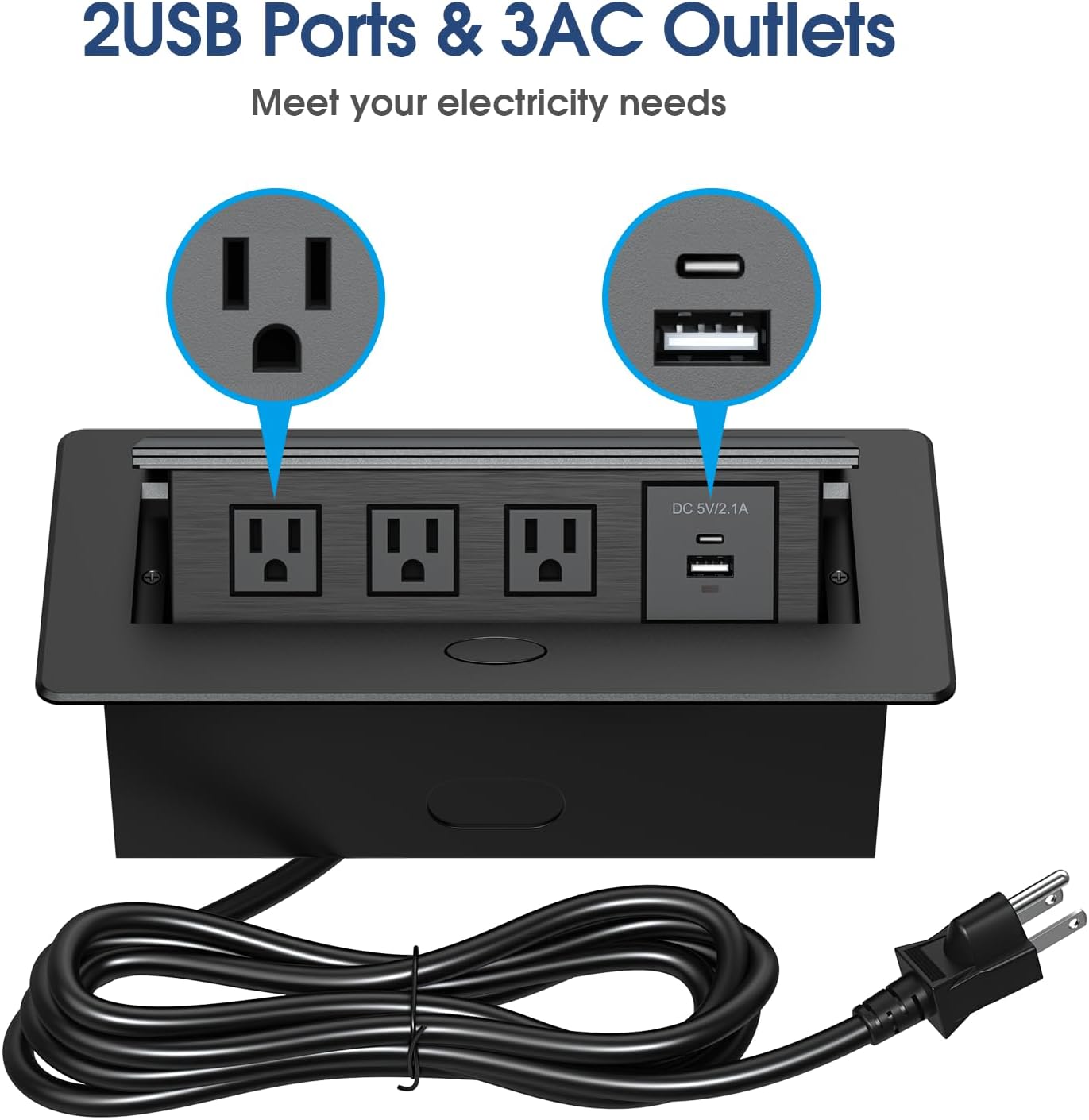 KYHSHJ Connection Box Desktop Pop Up Outlet with 3 * 15A Receptacle，2.1A 1 USB-A Ports &1 USB-C Port，Corrosive Resistant Hardware,Black