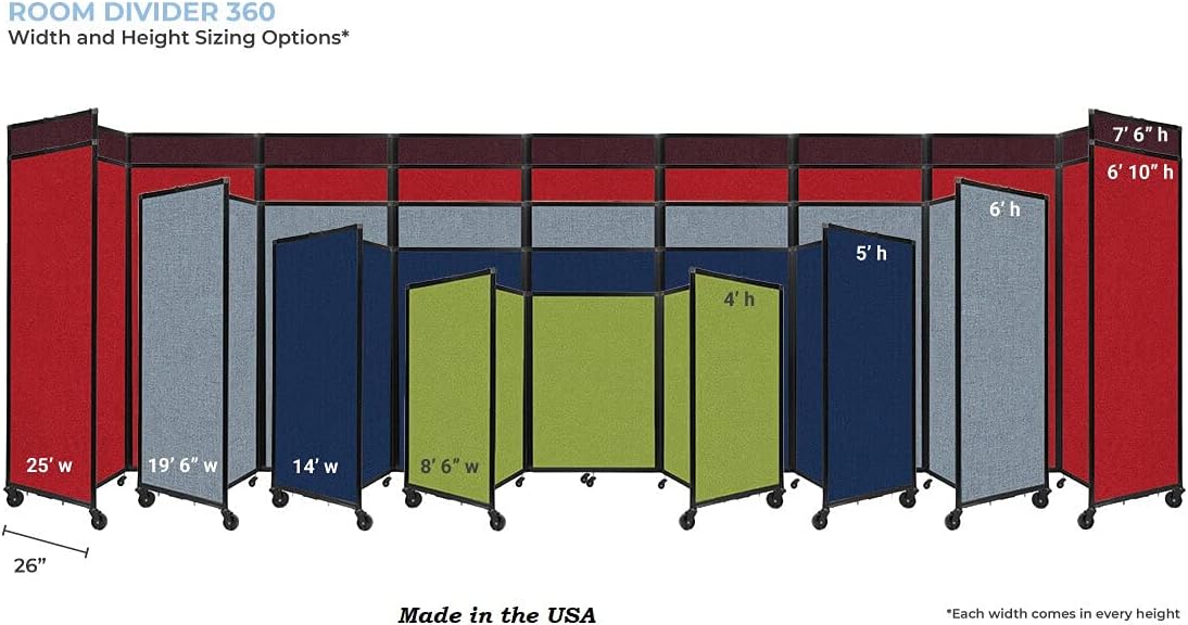 Versare Room Divider 360 Portable Wall Partition | Folding Panels | Large Freestanding Divider | Locking Wheels | Temporary Room Separator | 14' x 7'6'', Navy Blue