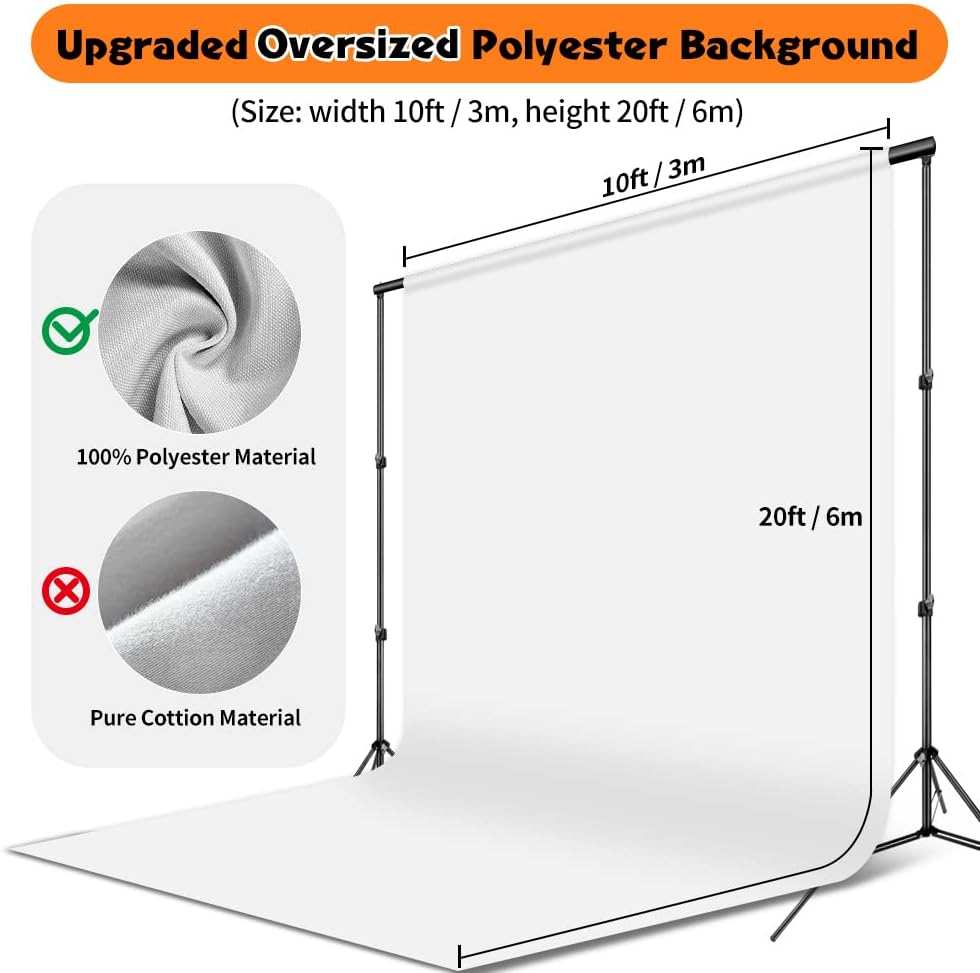 White Backdrop for Photoshoot, 10x20 ft Large Photo Backdrop Curtain for Photography, Seamless Polyester Fabric Background Screen for Party, Video Studio