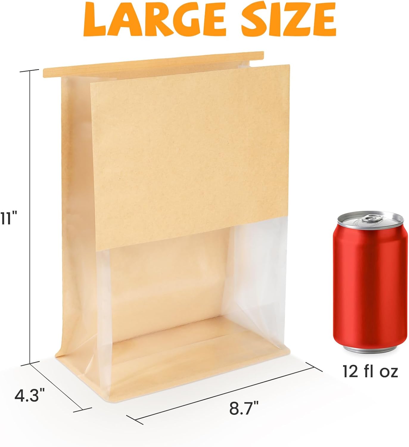 50 Pack Bread Bags for Homemade Sourdough Bread, 8.7x4.3x11 Inches Tin Tie Tab Lock Large Bakery Bag with Window Kraft Paper Loaf Packaging Bags for Gifting & Bake Sale