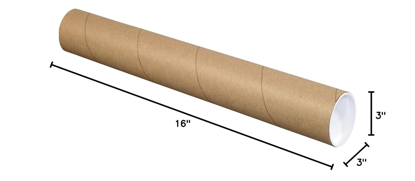 BOX USA BP3016K Mailing Tubes with Caps, 3" x 16", Kraft (Pack of 24)