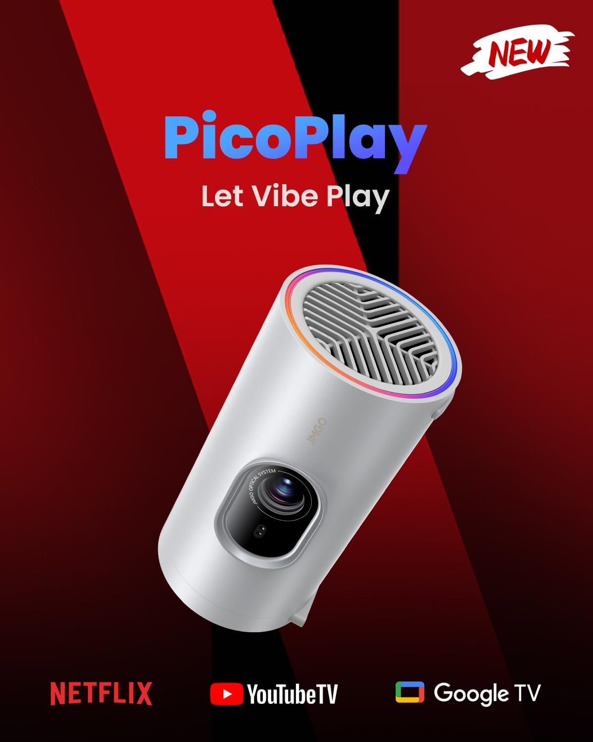 JMGO PicoPlay 1080P Smart Portable Projector, Google TV, 400ISO Lumens, 8W Dolby Digital, 3D-Active, HDR10, Mini Projector with WiFi & Bluetooth for Home, Outdoor, Include Optical Filter