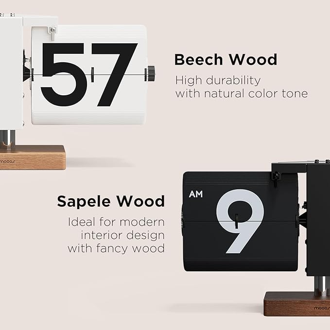 mooas Classic Modern Wood Big Flip Desk Clock, Retro Vintage Analog Design Auto - Image 2