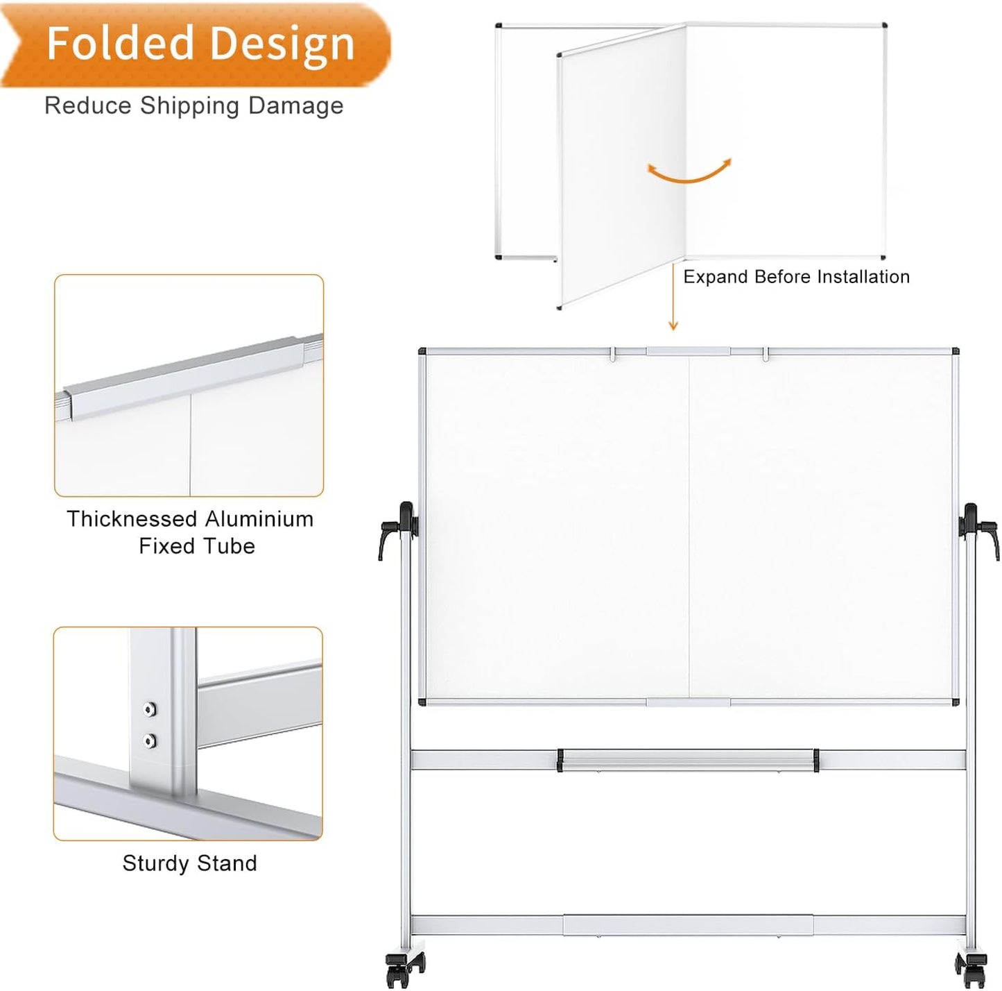 VIZ-PRO Double-Sided Mobile Whiteboard, 72 x 40 Inches, Magnetic Rolling Dry Erase White Board on Wheels with Aluminium Frame and Stand