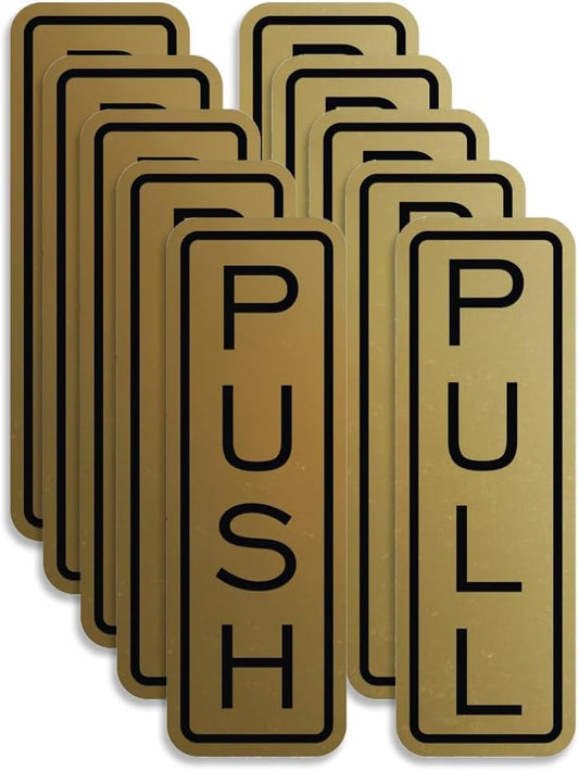 All Quality Classic Vertical Push Pull Door Signs - Great for Glass Doors | Professional Looking Signs | Easy Installation Includes Double-Sided Foam Adhesive Tape (Brushed Gold) - Large (5 Pack)