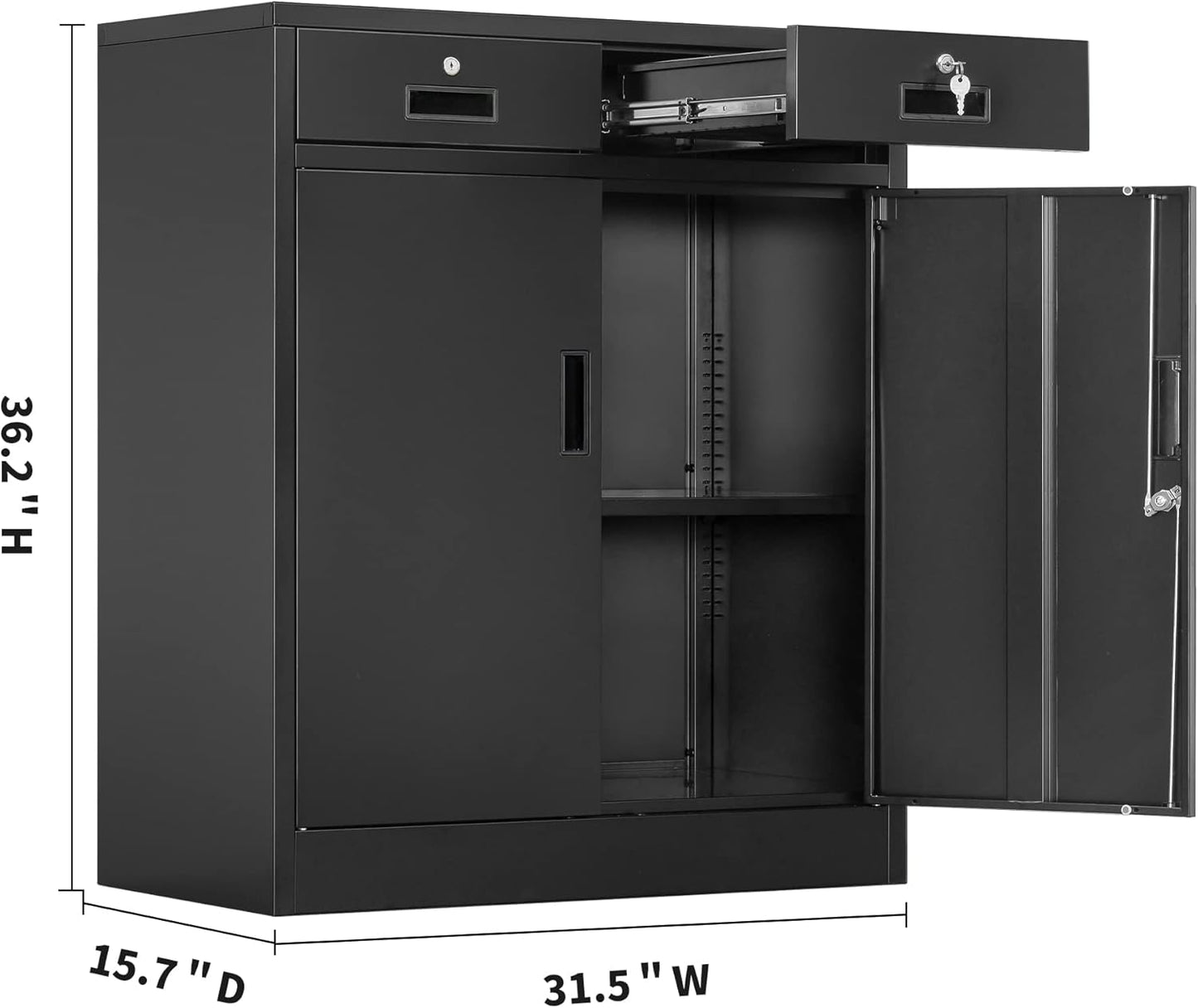 CMY Metal Storage Cabinet, Locking Storage Cabinet with Two Drawers, 36" H Steel Cabinets with Adjustable Shelf for Office, Garage, Home-Black