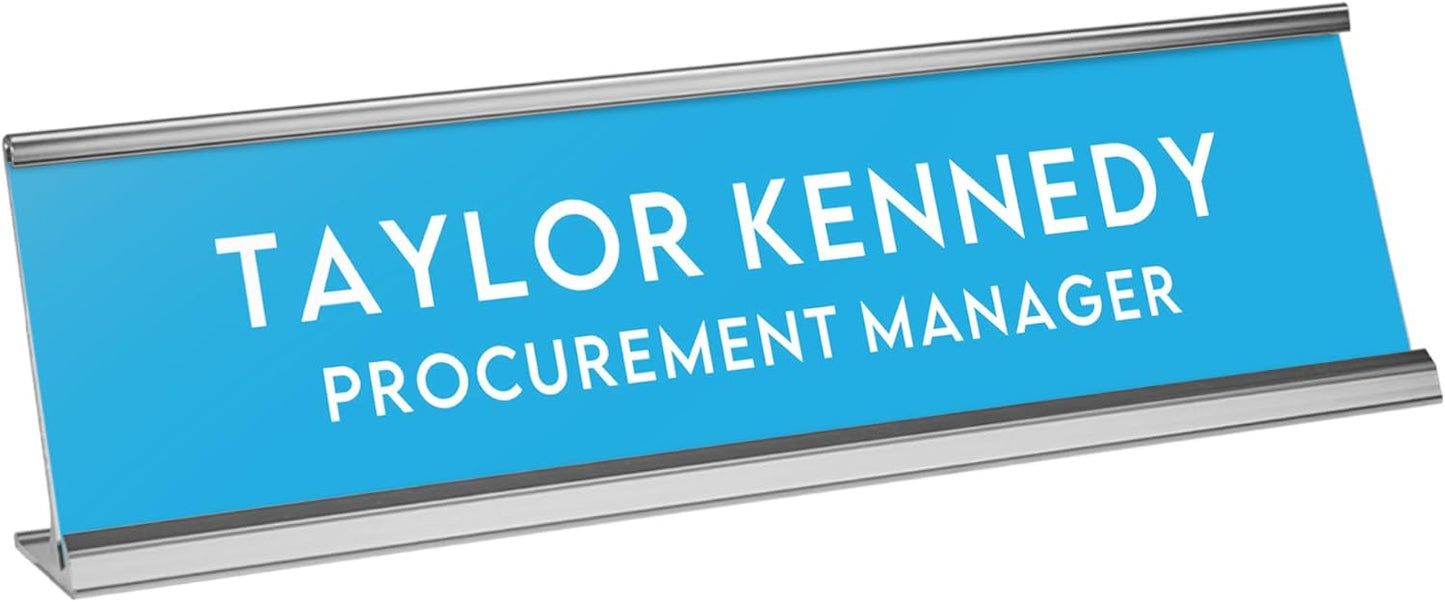 Custom Engraved Desk Plate | Personalized with your Name and Title | Perfect Decor for Office, Business, or Home | Multiple Font and Color Options | 2x8" or 2x10" (Baby Blue w/White Letters, 2x10")