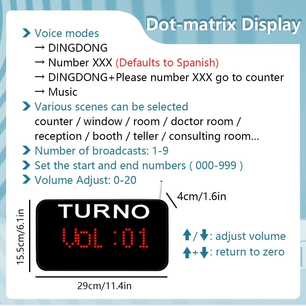 Take a Number System Queue Wireless Calling System Spanish with 1 TURNO Display 2 NEXT Call Button 1 Ticket Dispenser 3-Digit Ticket Roll for Restaurant Hospital Clinic Bank Waiting