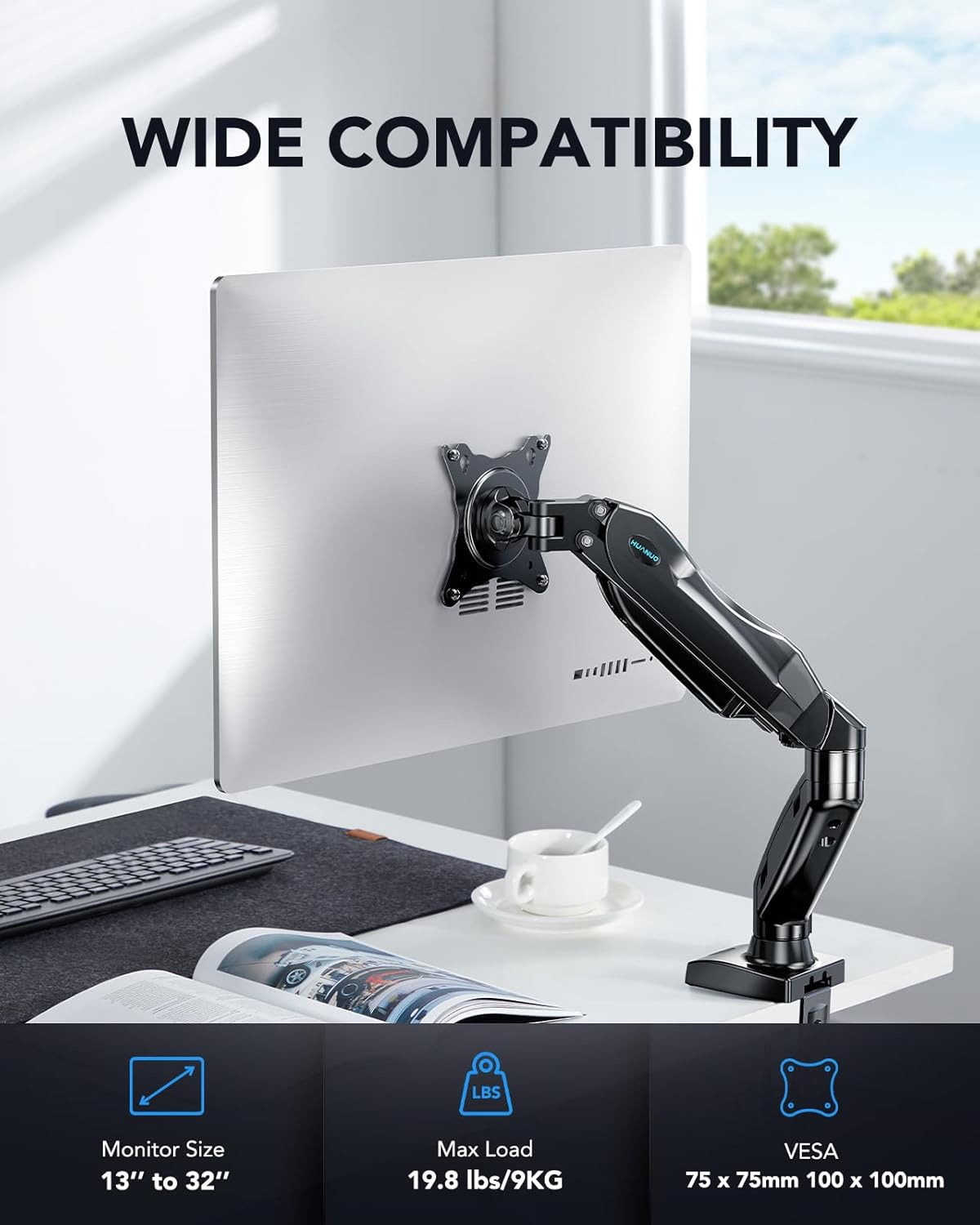 HUANUO Single Monitor Mount, 13 to 32 Inch Gas Monitor Arm, Adjustable Stand, Vesa Mount with Clamp and Grommet Base - Fits 4.4 to 19.8lbs LCD Computer Monitors