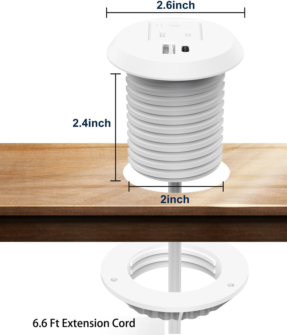 Recessed Power Grommet 2 inch,Tamper-Resistant Design AC Outlets, Fast Charging Station USB-C Port,Desk Hole Grommet Recessed Outlet,Round Desktop Conference Room Power Grommet Outlet (White)