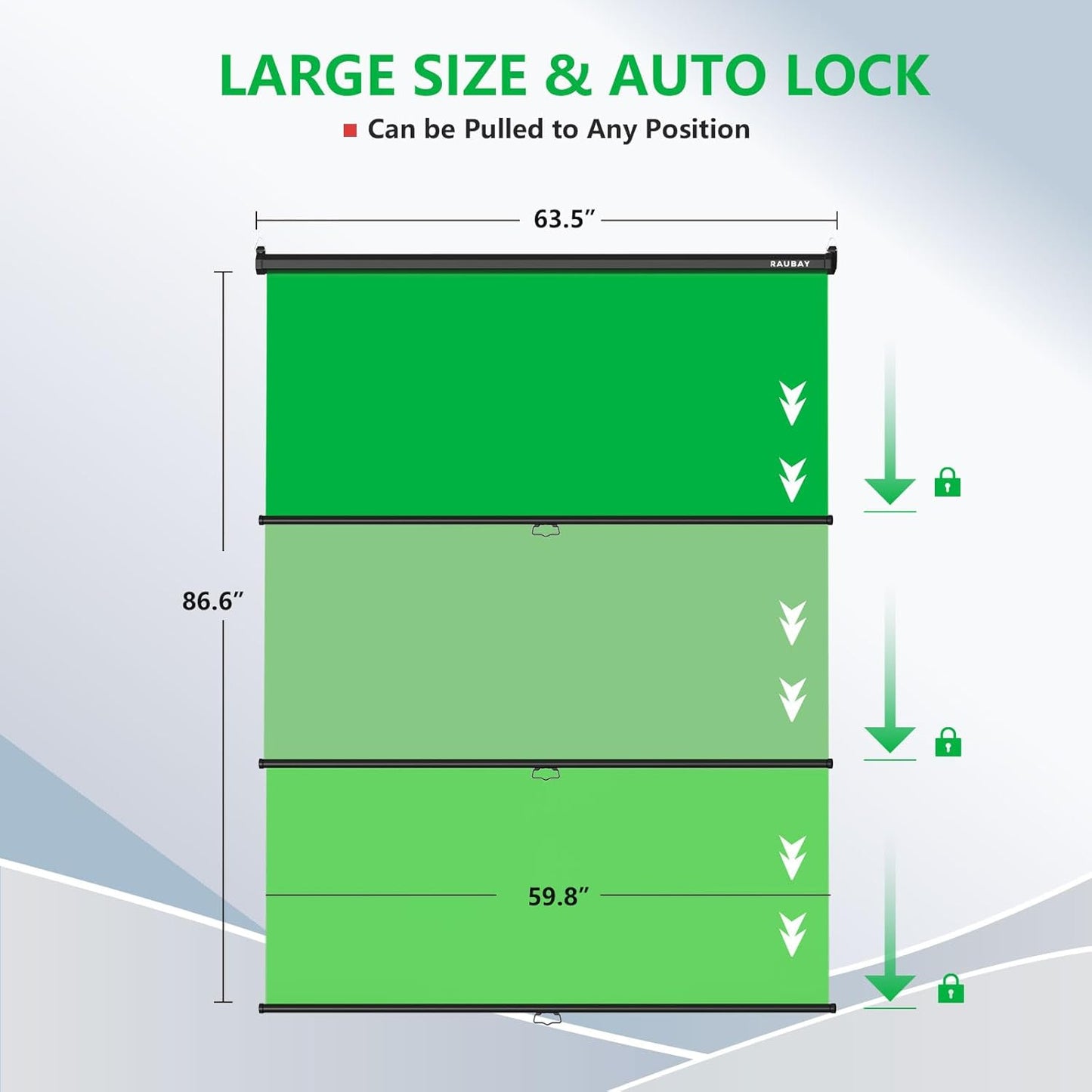 RAUBAY Retractable Pull Down Green Screen - 59.8" x 86.6" Collapsible Wall-Mount Background for Professional Video Production, Chroma Key Backdrop for YouTube, TikTok, Streaming, Video Conferencing