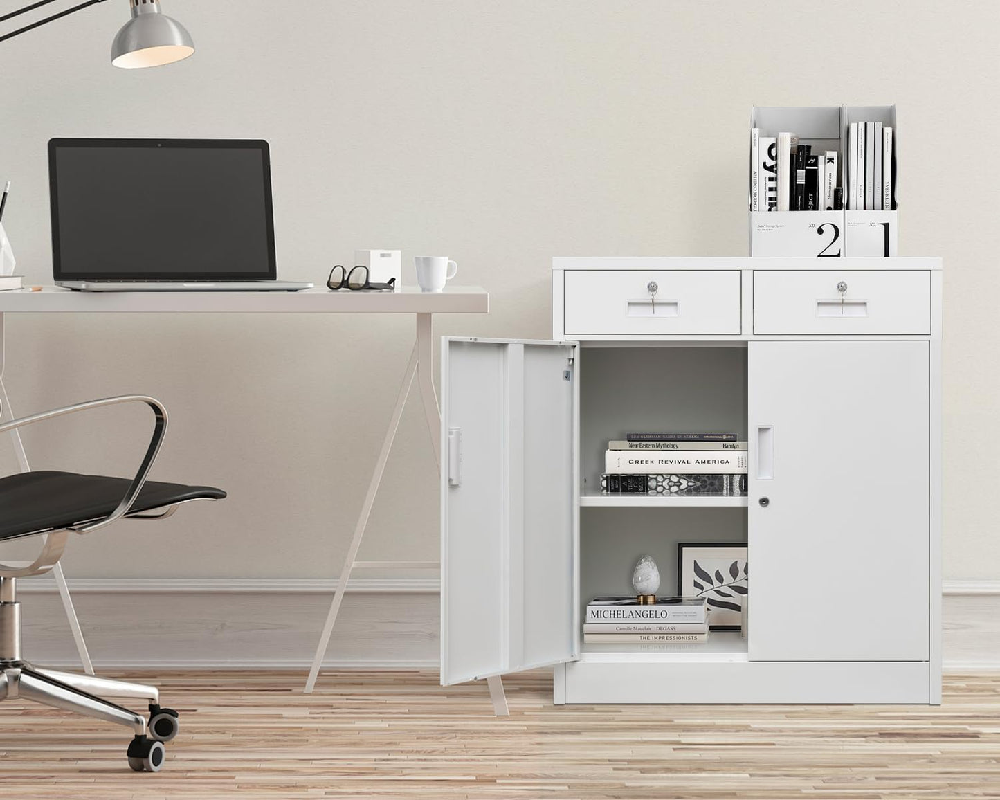 BESFUR Metal Storage Cabinet with 2 Drawers 36" H, Small Lockable Steel Storage Cabinets with 2 Lockable Doors and Adjustable Shelves Easy to Assemble for Home Office Garage Kitchen Pantry White