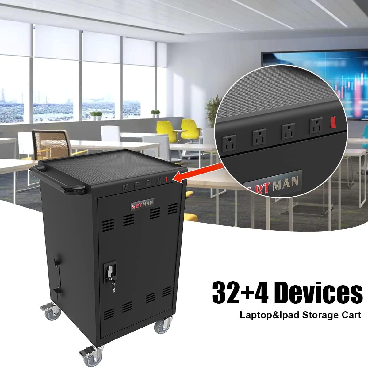 36-Device Mobile Charging Cart with Charging Power Strip and Front and Rear Access Locks, Cable Management, Up to 17"", Safe Charging Cabinet for Ipads, Chromebooks, Tablets, Laptops Black