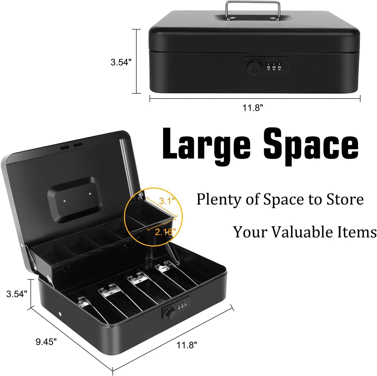 Cash Box with Money Tray and Combination Lock, Large Money Box for Cash Regiser, Safe Lock Box for Money Saving Metal 11.8"x9.45"x3.54" Black XL Large