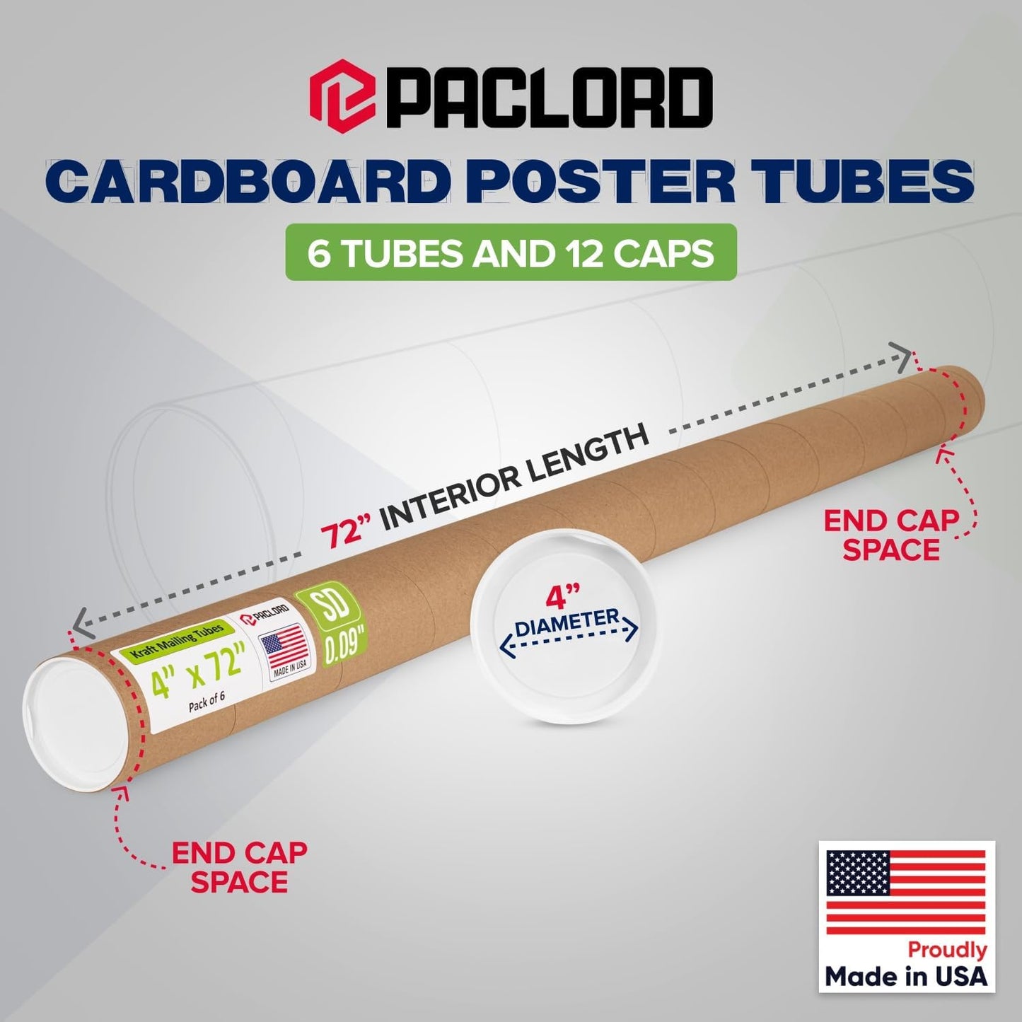 4" x 72" Reinforced Kraft Paper Mailing Tube, Pack of 6 Tubes with 12 Caps – Secure USPS Approved Poster Tube – Cardboard Tube for Shipping and Storing Posters, Prints, Artwork, or Documents