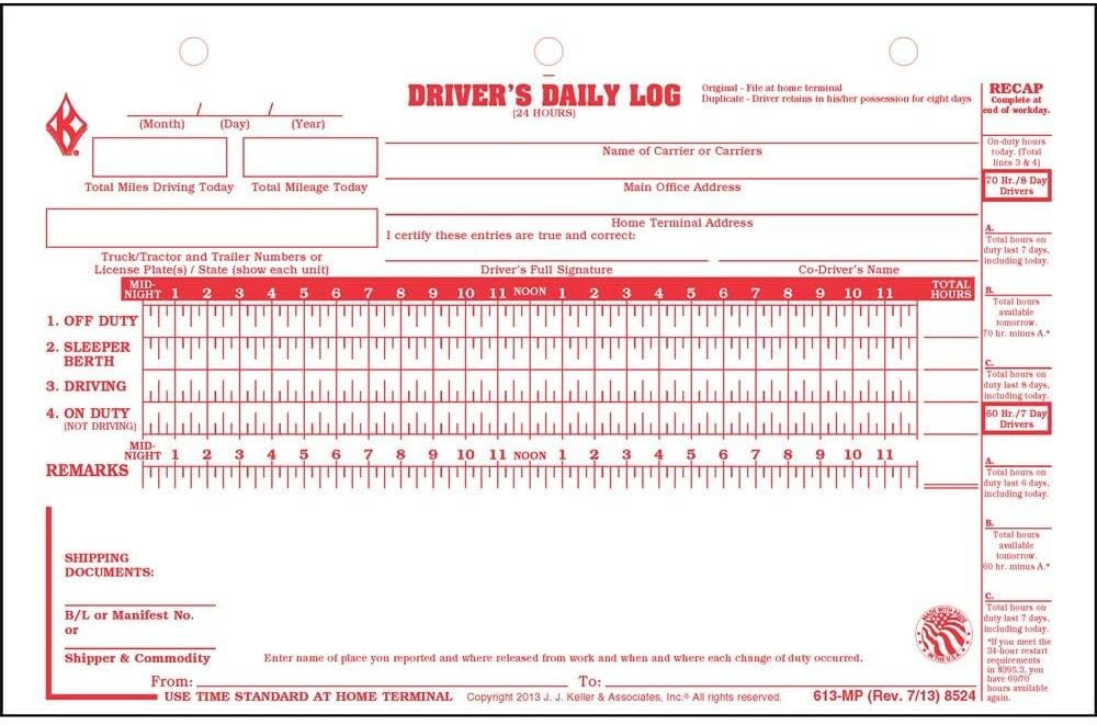 Deluxe Duplicate Driver Daily Log 25-pk. with Detailed DVIR & Daily Recap - Shrinkwrapped Loose-Leaf Format, 2-Ply with Carbon, 8.5" x 5.5", 31 Sets of Forms Per Unit, J. J. Keller & Associates, Inc.